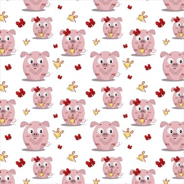 Bir sürü küçük pembe domuz oturmuş zili tutuyor.,