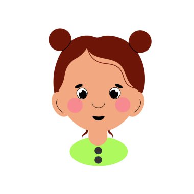 Yeşil kazaklı, kafasında iki deste olan tatlı küçük bir kız.