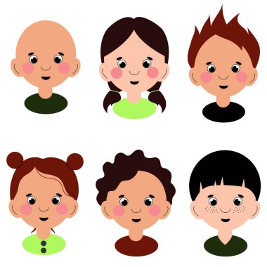 Farklı saç stilleri olan kız ve erkek çocukların portreleri.