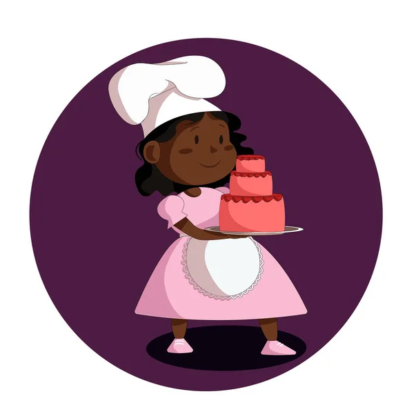 Petite Fille Cuisinier Dans Chapeau Blanc Tablier Sert Gâteau — Image vectorielle