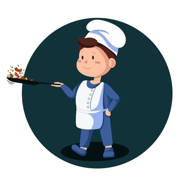 Petit Cuisinier Dans Tablier Blanc Prépare Dîner Pour Les Invités — Image vectorielle