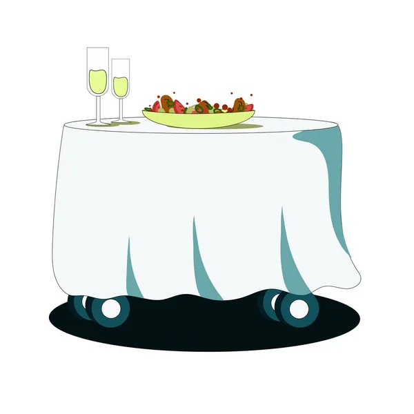 Мобильный Стол Горячим Вкусным Ужином Бокалом Шампанского — стоковый вектор