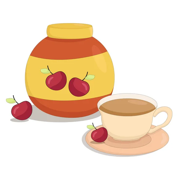 Jar Sweet Cherry Jam Mug Hot Tea — Stock Vector