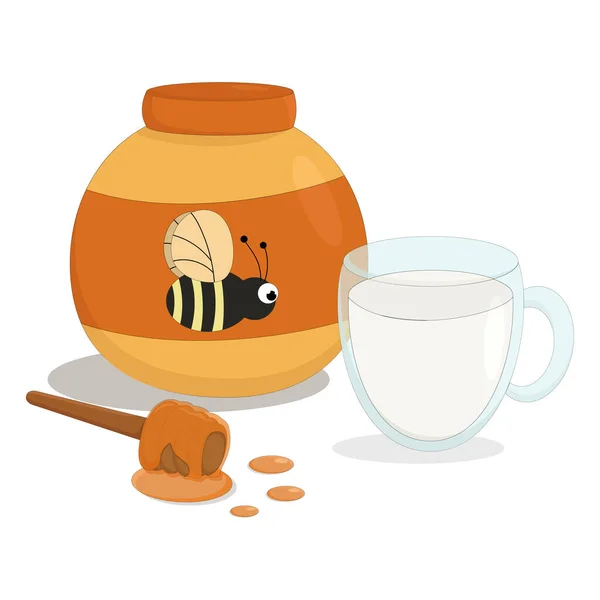 Frasco Miel Abeja Dulce Con Una Taza Vidrio Leche Fría — Vector de stock