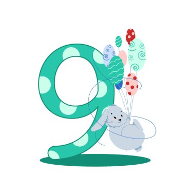 Dokuz numara ve balonlu gri Paskalya tavşanı.