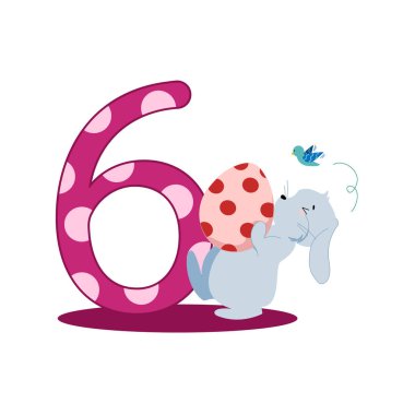 Altı numara ve yumurtlayan gri Paskalya tavşanı.