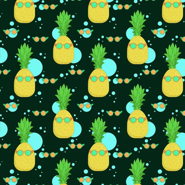 Seamless Pattern Bright Yellow Pineapples Glasses Dark Background Blue Circles — Stock Vector