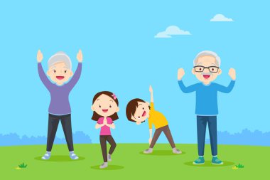 Yaşlılar ve jimnastik. Yaşlı bir çift. Büyükbabalar egzersiz yapıyor. Spor. Sabah koşusu.