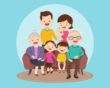 Kanepede oturan büyük mutlu bir aile. Büyükanne, büyükbaba, baba, anne, çizgi film tarzında çocuk resimleri..