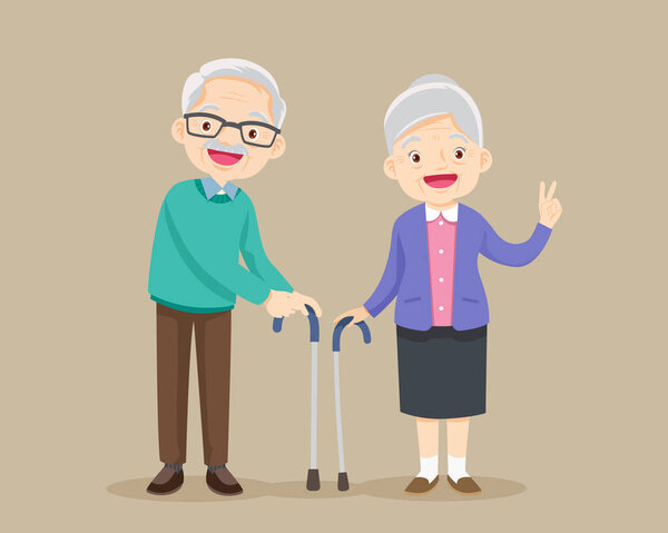 Бабушка и дедушка стоят вместе с тростью