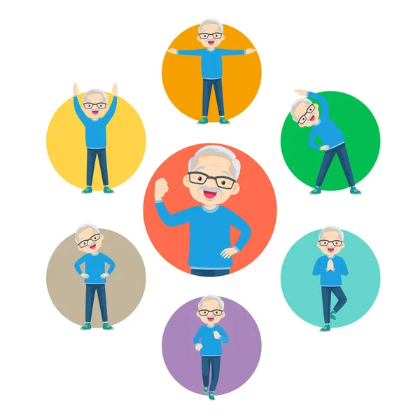 Set Strong Elderly Man Healthy Exercise Various Actions Circle Chart — Stock Vector