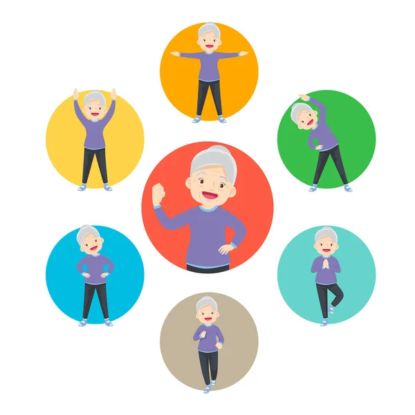 Set Strong Elderly Woman Healthy Exercise Various Actions Circle Chart — Stock Vector