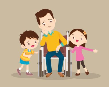 Oğlan ve Kız, tekerlekli sandalyede tek başına oturan sıkıcı adamı teselli ediyor. Hastayla ilgilenirken dikkatli ol.