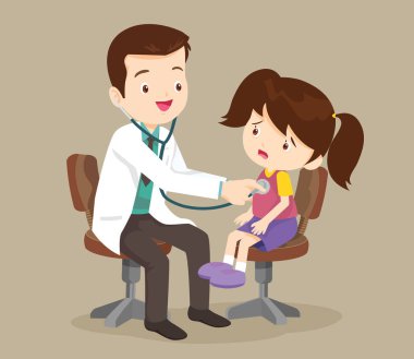 Doktor steteskoplu hasta kızın göğsünü dinliyor.
