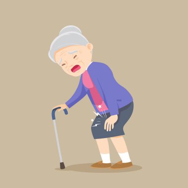 Yaşlı bir kadın diz ağrısı çekiyor ve bastonla ayakta duruyor. Diz ağrısı olan bir büyükanne.