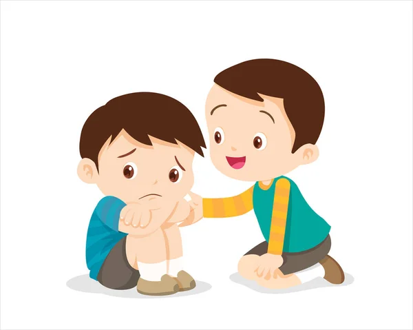 Triste Children Boy Confortar Tristemente Friend Children Consoling Tristemente Aislar — Vector de stock