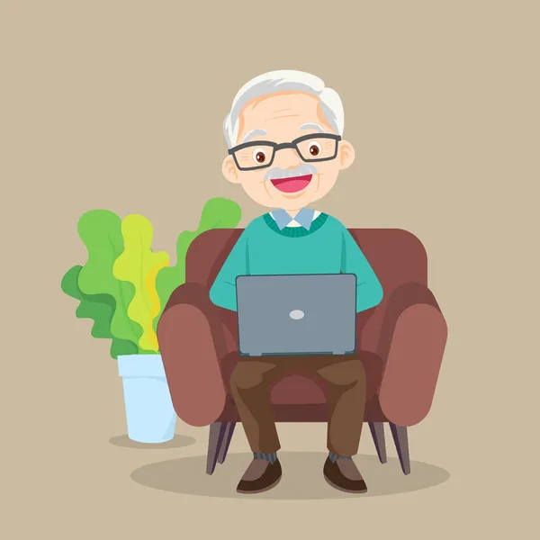 Isoisä Istuu Sohvalla Kannettavan Kanssa Söpö Iäkäs Mies Surffaa Internetissä — vektorikuva