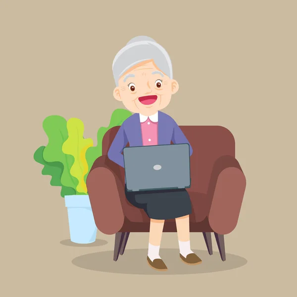 Abuela Sentada Sofá Con Portátil Linda Anciana Está Navegando Internet — Vector de stock