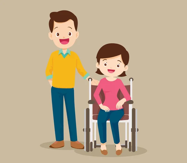 Casal Cuidado Paciente Cadeira Rodas Mulher Sentada Cadeira Rodas Com —  Vetores de Stock