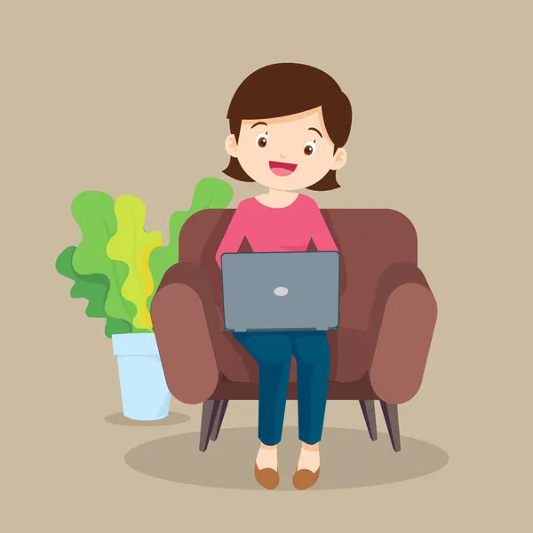 Kobieta Szczęśliwy Uśmiech Pomocą Technologii Internetowej Kobieta Pomocą Laptopa Pracy — Wektor stockowy