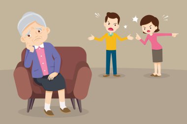 Üzgün, yaşlı kadın koltukta oturuyor, mutsuz aile çifti arka planda kavga ediyor. Aile sorunları