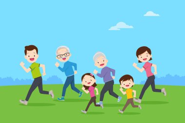Büyük bir aile parkta birlikte koşuyor ve egzersiz yapıyor. Mutlu Aile Sağlık İçin Birlikte Koşuyor.