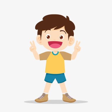 Sevimli çocuk gülümse ve zafer işareti işareti göster. Küçük çocuk zafer işaretini iki parmağıyla gösteriyor. Çocuk zafer işareti gösteriyor.