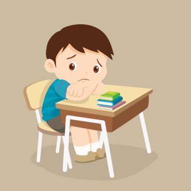 Masada yalnız oturan bunalımlı çocuk. Endişeli çocuk masada yatıyor.