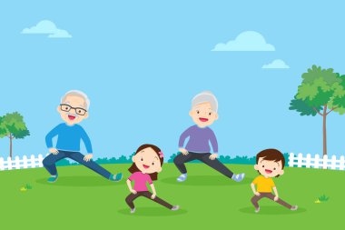 Yaşlılar ve çocuklar. Yaşlılar ve çocuklar egzersiz yapıyor. Büyük anne ve büyük baba ve torun spor oynuyorlar. Aile sağlıklı.