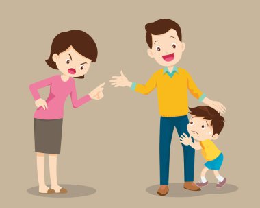 Baba, anne tarafından azarlanan çocuğu sakinleştirir. Baba, anne tarafından azarlanan torunlara bakar.