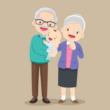 Büyük anne ve büyük baba ve küçük torun. Mutlu büyükbabalar gülümseyen torun kucaklar.