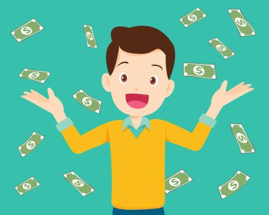 Parasını havaya saçan adam, para yağmuru, finansal başarı, kar, gelir kavramı.