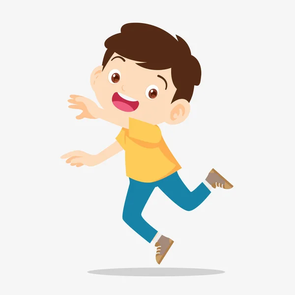 Cute Boy Jumping Show Win Fist Expression Gesture — Stock Vector