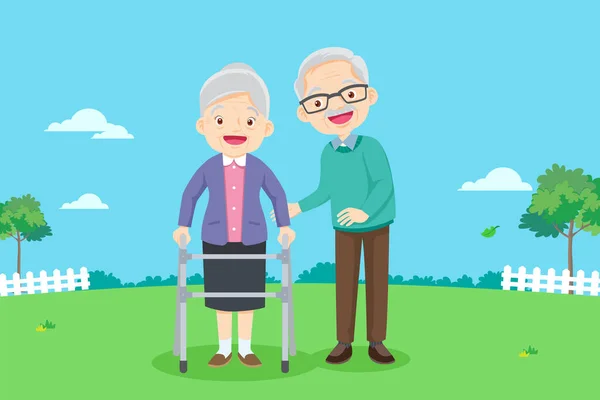 Χαριτωμένος Ηλικιωμένος Άνδρας Που Φροντίζει Ηλικιωμένη Γυναίκα Φυσιοθεραπεία Στο Πάρκο — Διανυσματικό Αρχείο