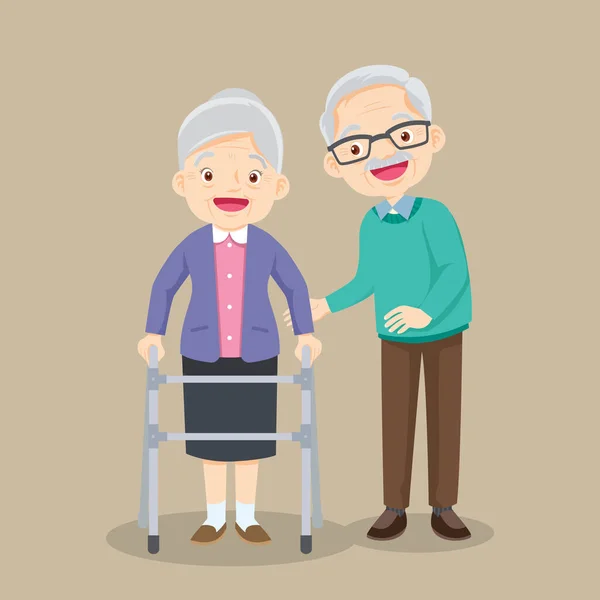 Χαριτωμένος Ηλικιωμένος Άνδρας Που Φροντίζει Ηλικιωμένη Γυναίκα Φυσιοθεραπεία — Διανυσματικό Αρχείο