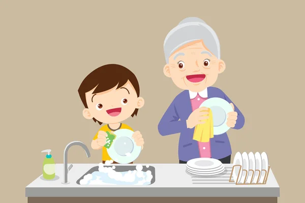 かわいい男の子がおばあちゃんと皿を洗う — ストックベクタ