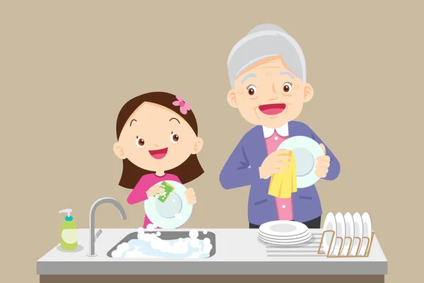 Mignonne Petite Fille Lave Vaisselle Avec Grand Mère — Image vectorielle