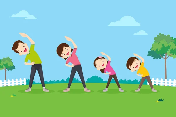Οικογενειακή Άσκηση Μαζί Χαρούμενη Οικογενειακή Άσκηση Μαζί Δημόσιο Πάρκο Για — Διανυσματικό Αρχείο