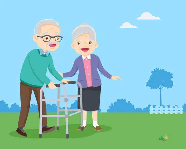 Anciana Cuidando Anciano Hombre Fisioterapia Parque — Vector de stock