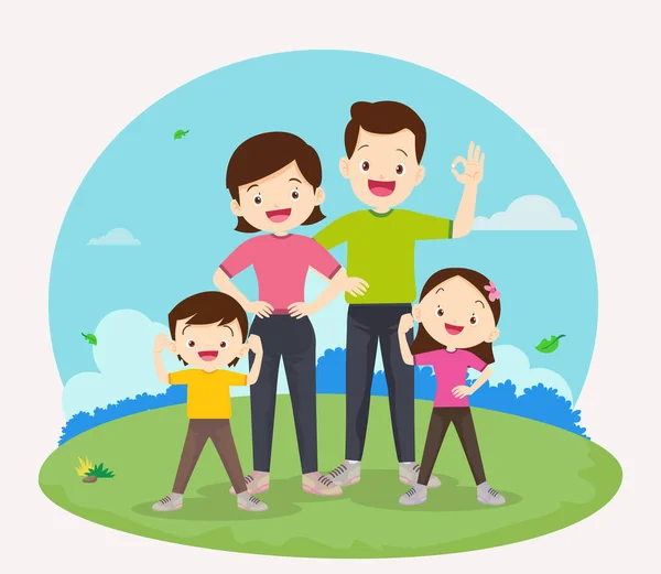 Family Exercising Together Happy Family Exercising Together Public Park Good — Stock Vector