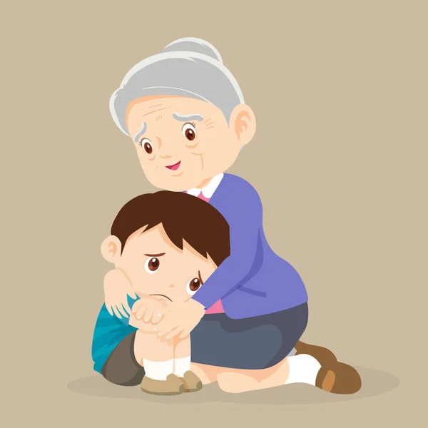 老奶奶抱着哭哭啼啼的小男孩 安慰心烦意乱的孙女 老奶奶抱着孩子 安慰着孩子 — 图库矢量图片