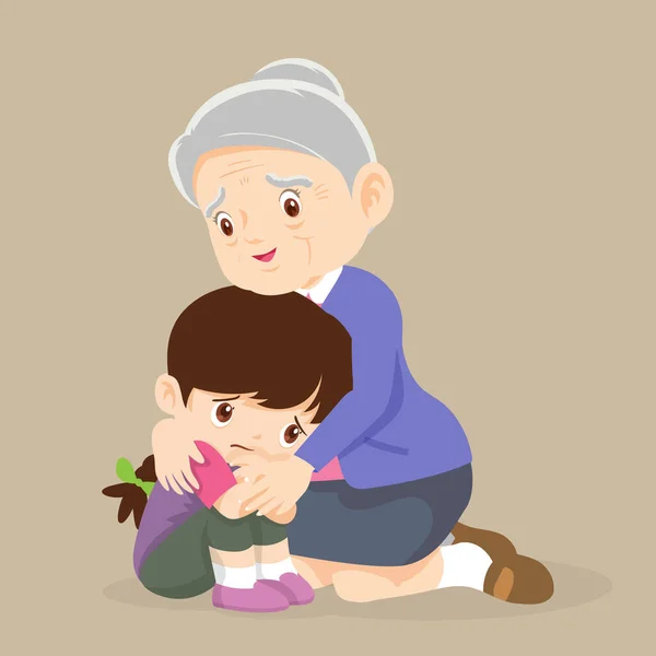 Stará Babička Objímající Malé Plačící Dívka Utěšující Rozrušená Vnučka Senior — Stockový vektor