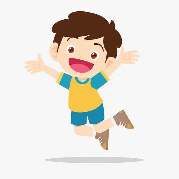 Cute Boy Jumping Show Win Fist Expression Gesture — Stock Vector