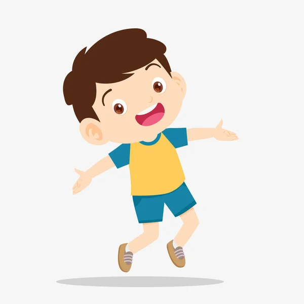 Cute Boy Jumping Show Win Fist Expression Gesture — Stock Vector