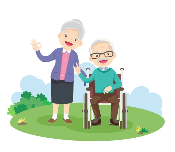 快乐的老年人举手表决胜利 坐在轮椅上 坐在公园里 爷爷和奶奶在田草上欢欣鼓舞的胜利姿态 — 图库矢量图片