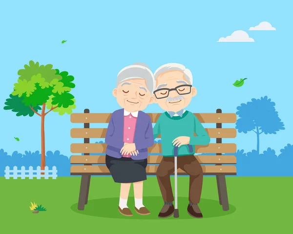 Gelukkig Senioren Levensstijl Concept Lachend Volwassen Koppel Ontspannen Park Zittend — Stockvector