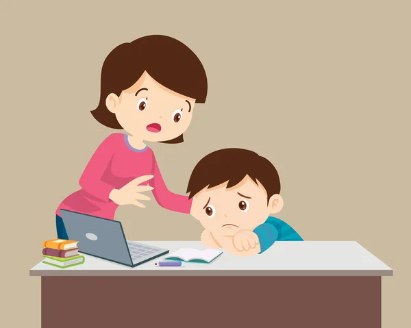Mother Comforting Son Famly Child Boy Bored Studying Front Laptop — Stock Vector