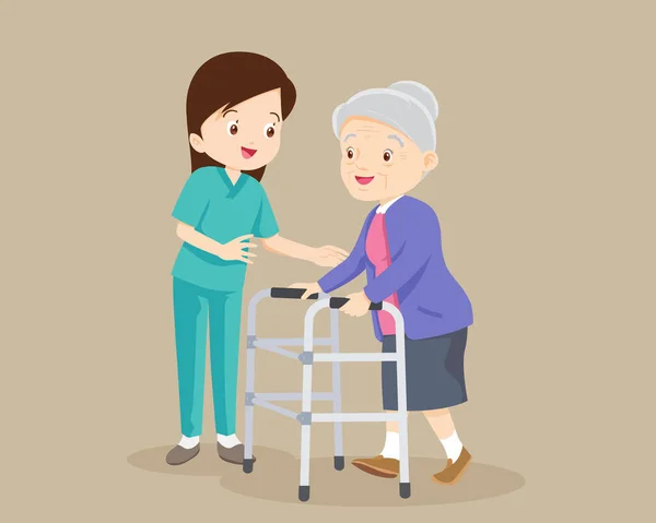 Nurse Volunteer Worker Taking Care Elderlywoman Woman Caring Elderly Nurse — Stock Vector