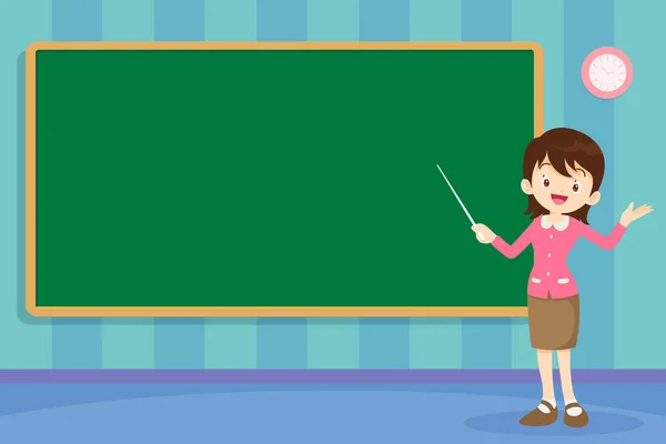 Young Female Teacher Lesson Blackboard Classroom — Stock Vector