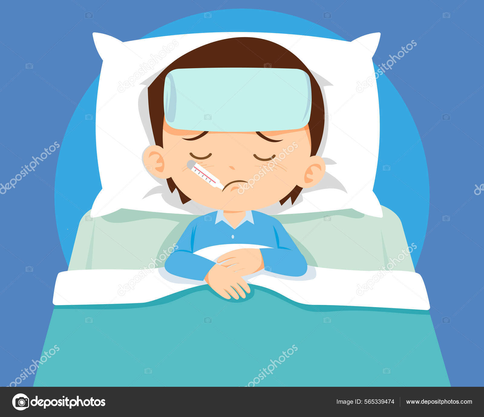 Niño Lindo Enfermo Dormir Cama Con Termómetro Boca Sentirse Tan